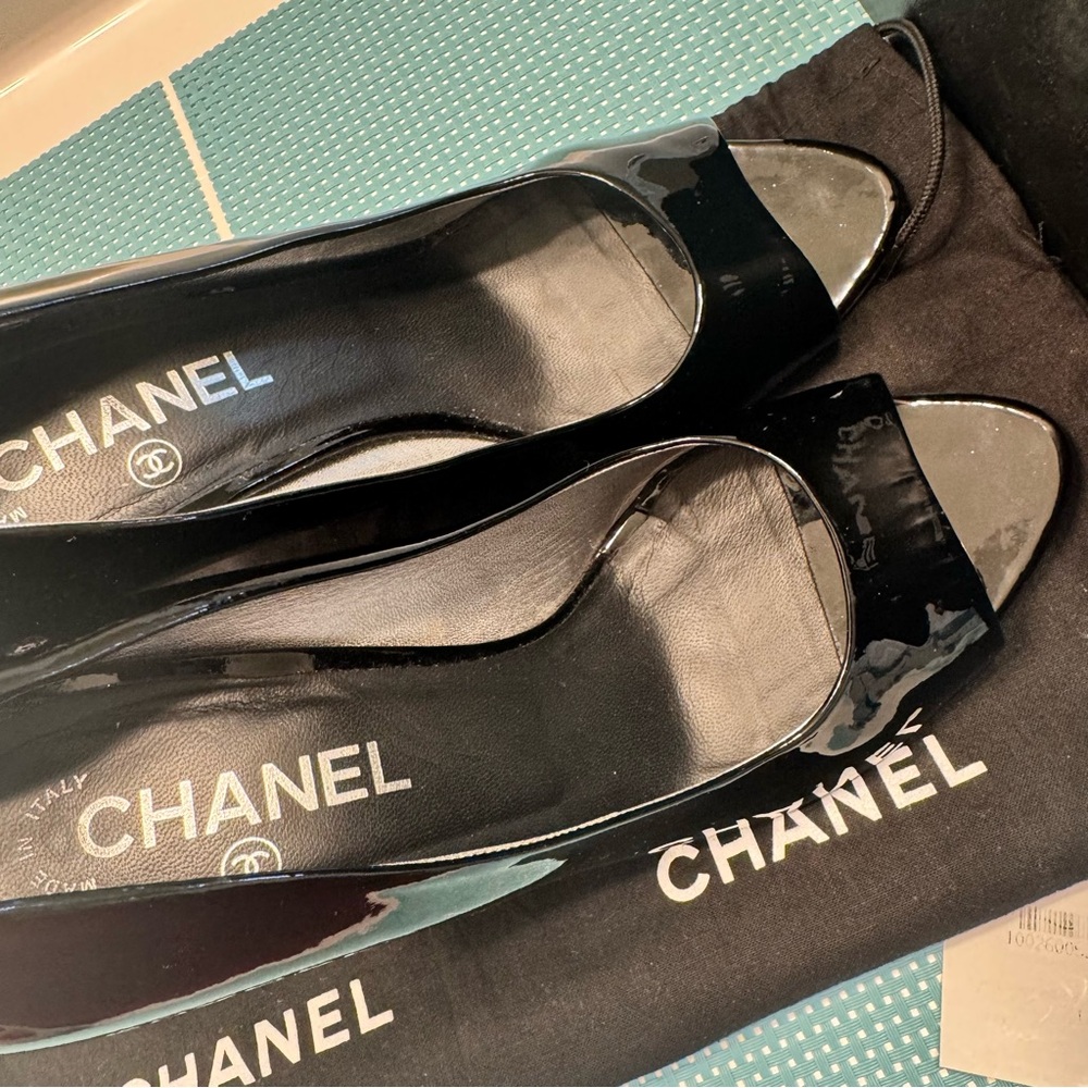 Authentic CHANEL Black patent peep toeHeels with silver like new box/ receipt - Picture 14 of 16